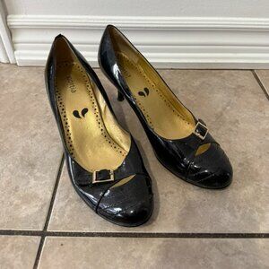 Portia “Monday” Black Patent Heels 9M Peep Toe Buckle Pumps Work